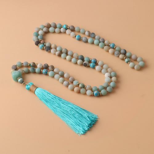 Buddhist Jewelry Necklace, ​Amazonite​, with Knot Cord & Impression Jasper & Zinc Alloy, Round, gold color plated, fashion jewelry & Unisex, mixed colors 