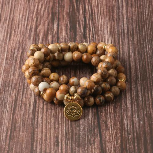 Buddhist Jewelry Necklace, Picture Jasper, with Zinc Alloy, Flat Round, gold color plated, fashion jewelry & Unisex, mixed colors, 8mm [