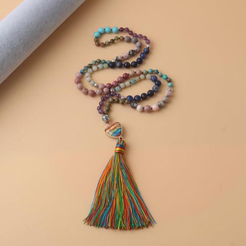 Buddhist Jewelry Necklace, Gemstone, with Knot Cord & Brass & Zinc Alloy, Tassel, plated, fashion jewelry & Unisex, mixed colors 