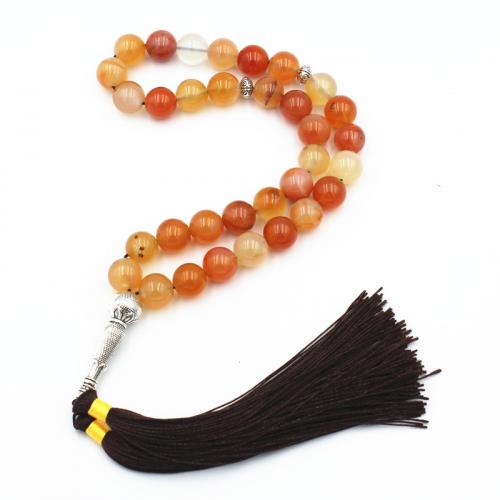 Muslim Tasbih, Agate, with Knot Cord & Zinc Alloy, Tassel, silver color plated, fashion jewelry & Unisex, mixed colors, 10mm [
