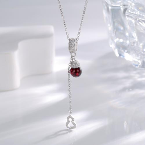 Sterling Silver Jewelry Necklace, 925 Sterling Silver, with Garnet, Calabash, plated, fashion jewelry & for woman & with rhinestone Approx 40-45 cm 