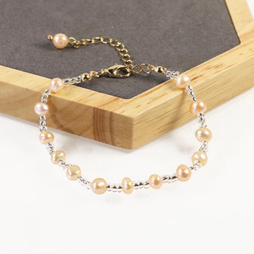 Cultured Freshwater Pearl Brass Bracelet, with Seedbead & Freshwater Pearl, with 5cm extender chain, high quality plated, fashion jewelry & micro pave cubic zirconia & for woman, pink Approx 17 cm 