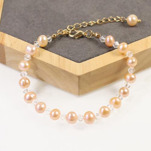 Cultured Freshwater Pearl Brass Bracelet, with Seedbead & Freshwater Pearl, with 5cm extender chain, high quality plated, fashion jewelry & micro pave cubic zirconia & for woman, pink Approx 17 cm 