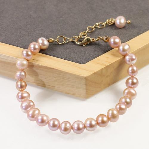 Cultured Freshwater Pearl Brass Bracelet, with Freshwater Pearl, with 5cm extender chain, high quality plated, fashion jewelry & micro pave cubic zirconia & for woman, purple Approx 17 cm 