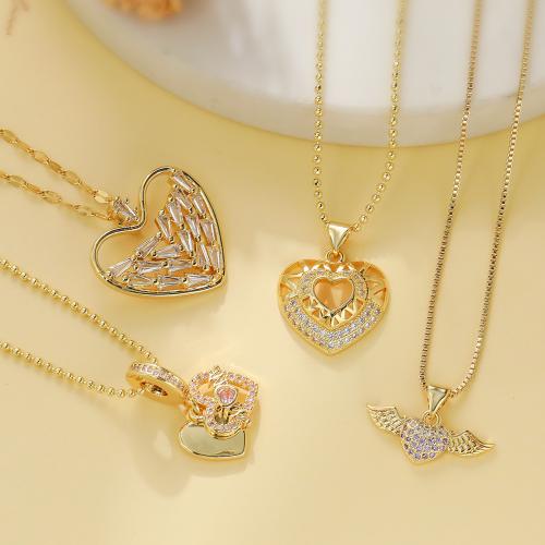 Cubic Zircon Micro Pave Brass Necklace, with 5cm extender chain, Heart & micro pave cubic zirconia & for woman, golden Approx 45 cm 