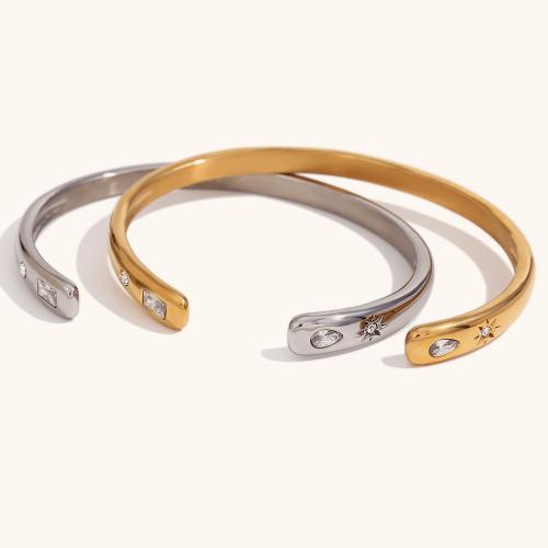 Stainless Steel Cuff Bangle, 316L Stainless Steel, Vacuum Ion Plating, fashion jewelry & micro pave cubic zirconia & for woman 6.9mm, Inner Approx 63mm 