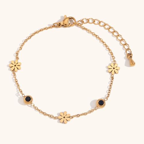 Stainless Steel Charm Bracelet, 316L Stainless Steel, with 5cm extender chain, Flower, 18K gold plated, fashion jewelry & for woman & with rhinestone, golden Approx 17 cm 