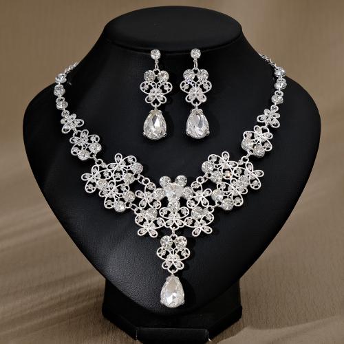 Rhinestone Zinc Alloy Jewelry Set, earring & necklace, with Plastic Pearl, plated, for bridal & for woman & with rhinestone 