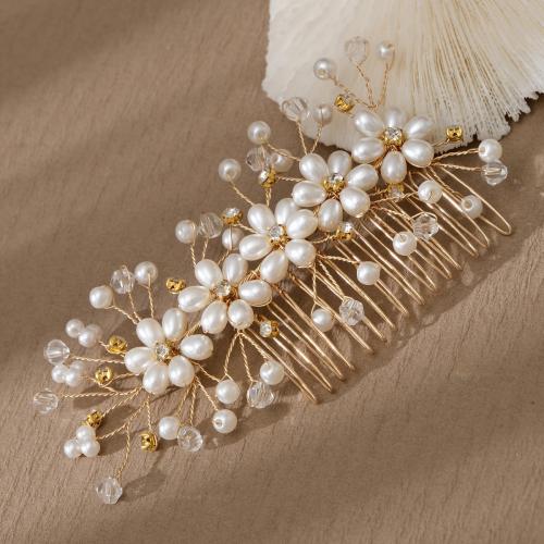 Decorative Hair Combs, Zinc Alloy, with Plastic Pearl, plated, for bridal & for woman & with rhinestone 