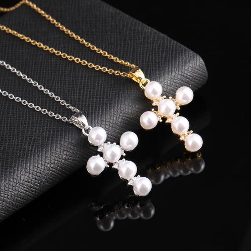 Cubic Zircon Micro Pave Brass Necklace, with ABS Plastic Pearl, Cross, plated, fashion jewelry & micro pave cubic zirconia .5 cm 