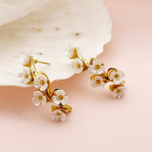 Stainless Steel Stud Earring, 304 Stainless Steel, with ABS Plastic Pearl, Flower, plated, fashion jewelry, gold 