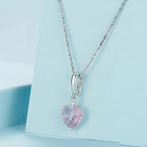 Sterling Silver Jewelry Necklace, 925 Sterling Silver, with Glass, Heart, plated, for woman, silver color Approx 41-50 cm 