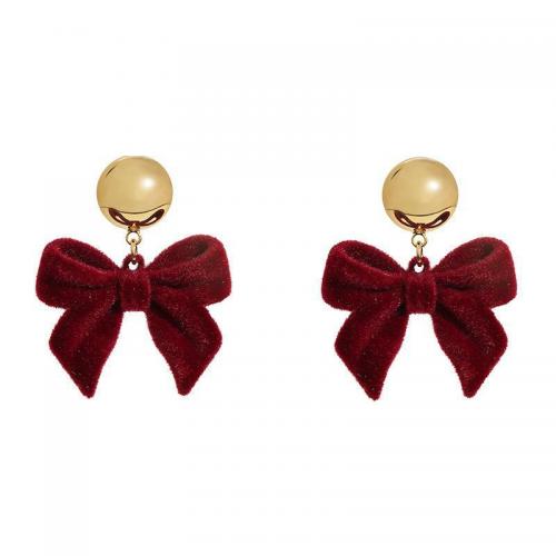 Zinc Alloy Drop Earring, with Flocking Fabric, Bowknot, gold color plated, fashion jewelry & for woman 