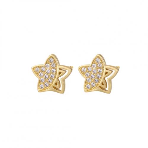 Brass Stud Earring, Star, gold color plated, micro pave cubic zirconia & for woman 10mm 