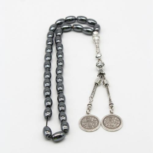 Muslim Tasbih, Hematite, with Zinc Alloy, Flat Round, silver color plated, fashion jewelry & Unisex, black Approx 33 cm 