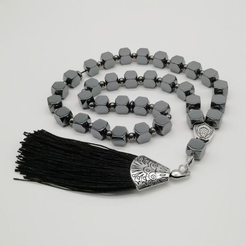 Muslim Tasbih, Hematite, with Knot Cord & Zinc Alloy, silver color plated, fashion jewelry & Unisex black 