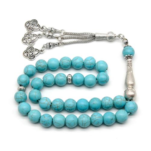 Muslim Tasbih, Synthetic Turquoise, with Zinc Alloy, silver color plated, fashion jewelry & Unisex 10mm Approx 30 cm 