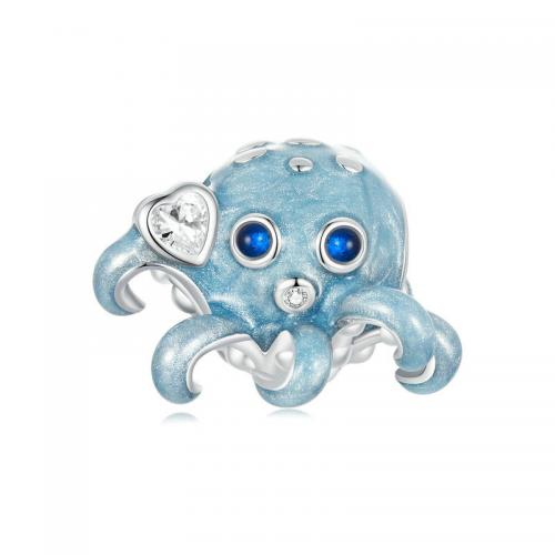 Cubic Zirconia Sterling Silver European Beads, 925 Sterling Silver, with Spinel, Octopus, platinum plated, DIY & micro pave cubic zirconia & enamel Approx 4.5mm [