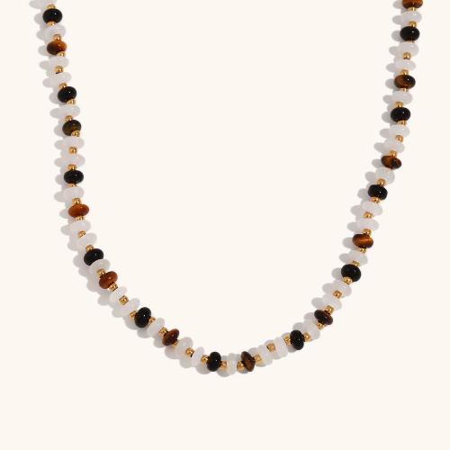 Gemstone Bracelets, 316L Stainless Steel, with White Chalcedony & Tiger Eye, with 5cm extender chain, 18K gold plated, fashion jewelry & for woman, golden Approx 43 cm 