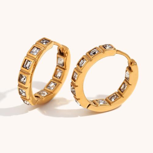 Stainless Steel Huggie Hoop Earring, 316L Stainless Steel, 18K gold plated, fashion jewelry & for woman & with rhinestone, golden 