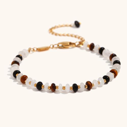 Gemstone Bracelets, 316L Stainless Steel, with White Chalcedony & Tiger Eye, with 5cm extender chain, gold color plated, fashion jewelry & for woman, golden Approx 17 cm 