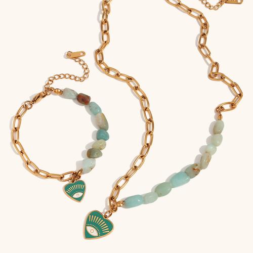 Fashion Stainless Steel Jewelry Sets, 316L Stainless Steel, with ​Amazonite​, Heart, 18K gold plated, fashion jewelry & for woman, golden 