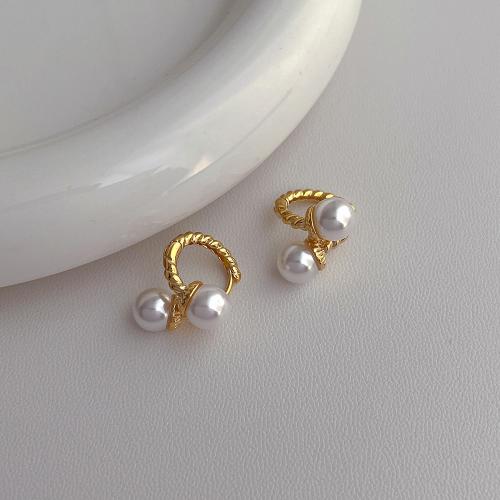 Brass Huggie Hoop Earring, with ABS Plastic Pearl, plated, fashion jewelry, gold 