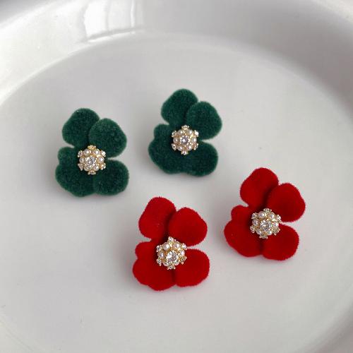 Zinc Alloy Stud Earring, with Flocking Fabric & ABS Plastic Pearl, Flower, plated, fashion jewelry & micro pave cubic zirconia 