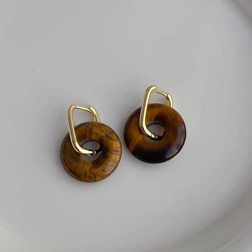 Gemstone Drop Earring, Brass, with Tiger Eye, plated, fashion jewelry 