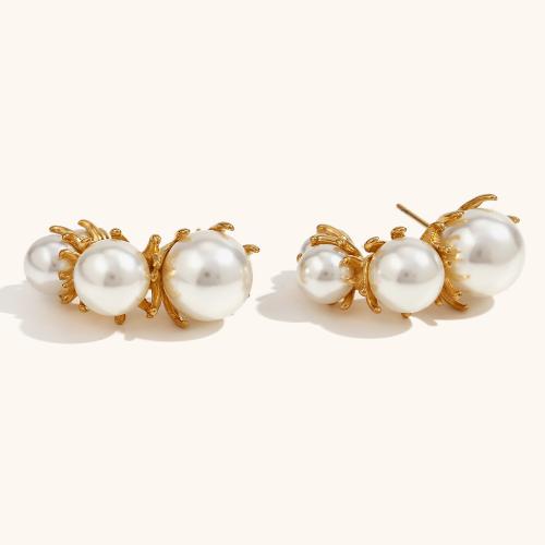 Stainless Steel Stud Earring, 316L Stainless Steel, with Plastic Pearl, Chrysamthemum, 18K gold plated, fashion jewelry & for woman 