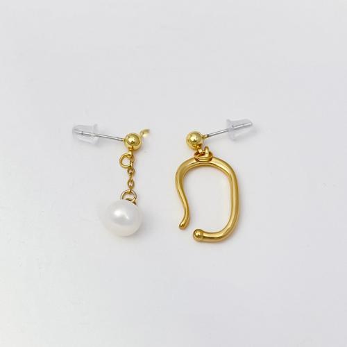 Asymmetric Earrings, Brass, with Plastic Pearl, 18K gold plated, fashion jewelry & for woman 