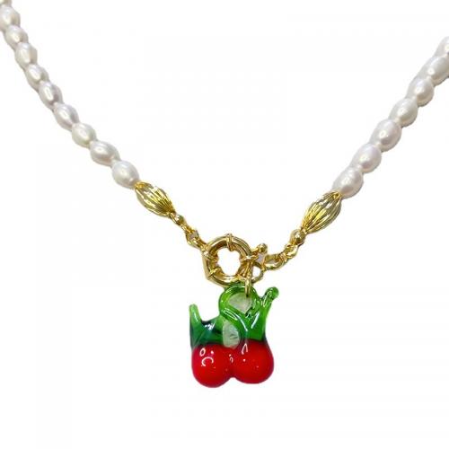 Ожерелье из пресноводных жемчуг на латунной цепочке, Латунь, с Пресноводные жемчуги, ювелирные изделия моды & Женский & эмаль cm, длина:Приблизительно 50 см, продается PC