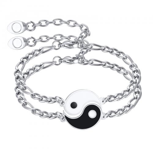 Stainless Steel Chain Bracelets, 304 Stainless Steel, with enamel, polished, 2 pieces & fashion jewelry & Unisex & enamel, original color Approx 17-22 cm 