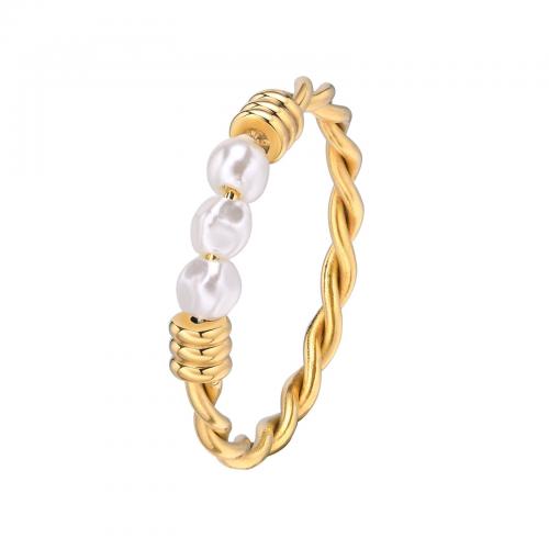 Stainless Steel Finger Ring, 304 Stainless Steel, with Plastic Pearl, handmade, fashion jewelry & for woman, gold .4mm 