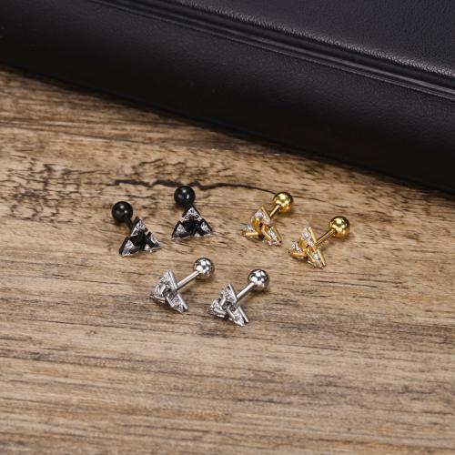 Stainless Steel Cubic Zirconia Stud Earring, 304 Stainless Steel, Triangle, plated, fashion jewelry & micro pave cubic zirconia & for man 