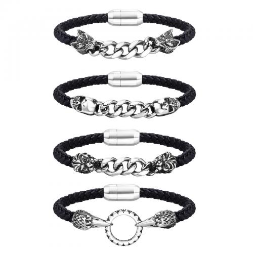 PU Leather Cord Bracelets, 304 Stainless Steel, with Microfiber PU, plated, fashion jewelry & for man, black Approx 21 cm 