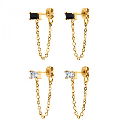 Stainless Steel Drop Earring, 304 Stainless Steel, Rectangle, gold color plated, fashion jewelry & micro pave cubic zirconia & for woman 