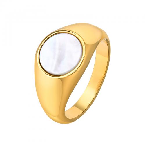 Stainless Steel Finger Ring, 304 Stainless Steel, with Shell, Round, gold color plated, fashion jewelry & for woman .2 