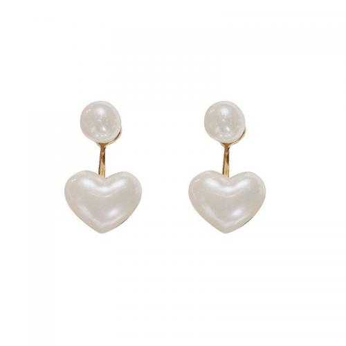Brass Drop Earring, with Plastic Pearl, Heart, gold color plated, fashion jewelry & for woman, white 