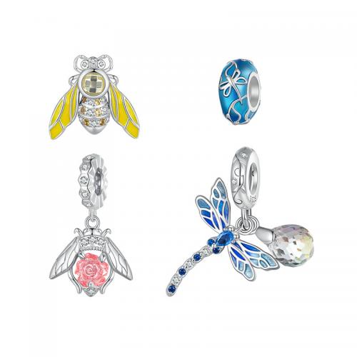 Sterling Silver European Pendants, 925 Sterling Silver, with Glass & Silicone, plated & micro pave cubic zirconia & enamel 