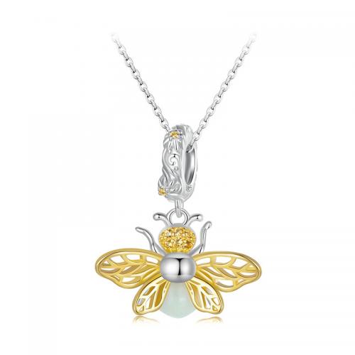 Sterling Silver Jewelry Necklace, 925 Sterling Silver, with Night-Light Stone, Bee, plated, for woman, silver color Approx 45 cm 