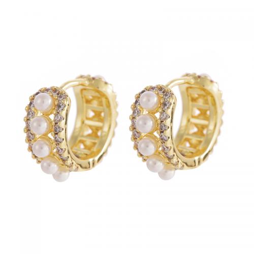 Cubic Zirconia Micro Pave Brass Earring, with Plastic Pearl, real gold plated, micro pave cubic zirconia & for woman 