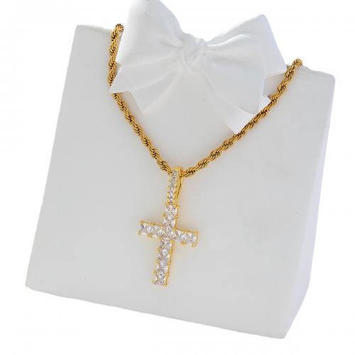 Корень Циркон Микро вымощает латунь ожерелье, Латунь, Kресты, плакированный настоящим золотом, инкрустированное микро кубического циркония & Женский, Много цветов для выбора, продается PC