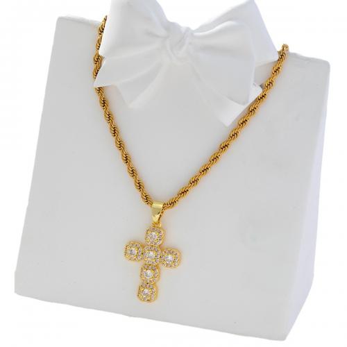 Корень Циркон Микро вымощает латунь ожерелье, Латунь, Kресты, плакированный настоящим золотом, инкрустированное микро кубического циркония & Женский, Золотой, продается PC