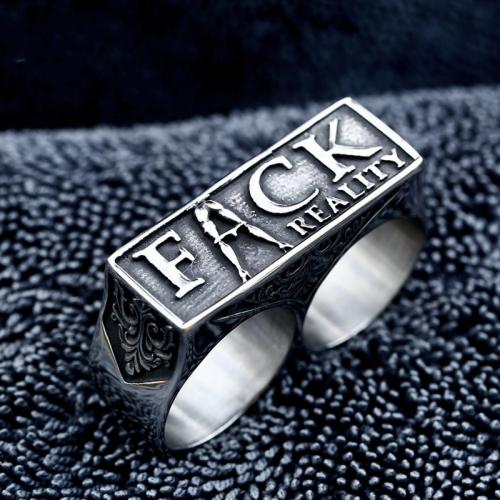 Titanium Steel Double Chain Link Finger Ring, Geometrical Pattern, polished & with letter pattern & for man & blacken, original color, US Ring 