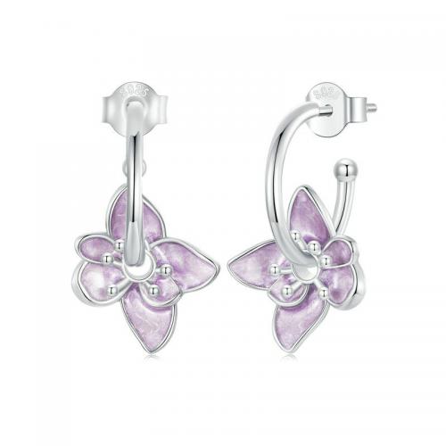 Sterling Silver Stud Earring, 925 Sterling Silver, Flower, platinum plated, fashion jewelry & for woman & enamel, purple 