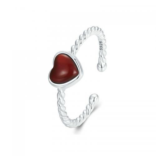 Sterling Silver Finger Ring, 925 Sterling Silver, with Red Agate, Heart, platinum plated, fashion jewelry & for woman, 1.7mm 