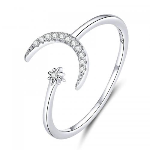 Cubic Zirconia Micro Pave Sterling Silver Finger Ring, 925 Sterling Silver, Moon and Star, platinum plated, fashion jewelry & micro pave cubic zirconia & for woman, 1mm 