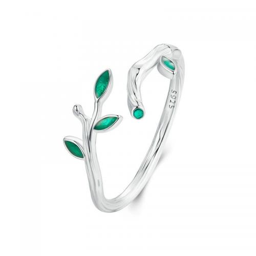 Sterling Silver Finger Ring, 925 Sterling Silver, Leaf, platinum plated, fashion jewelry & for woman & enamel, 1.8mm 