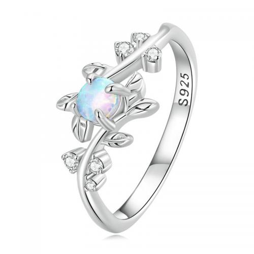 Cubic Zirconia Micro Pave Sterling Silver Finger Ring, 925 Sterling Silver, with Opal, platinum plated, fashion jewelry & micro pave cubic zirconia & for woman 
